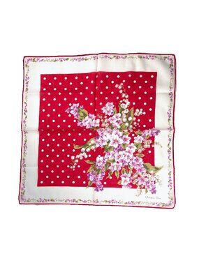Vintage Christian Dior Cotton Scarf Red Polka Dot Floral 18” Rolled Hem
